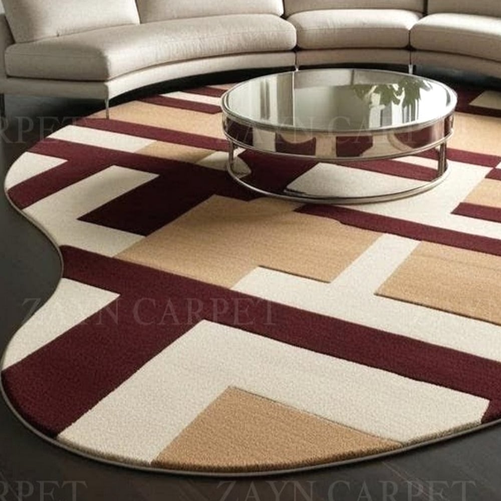 Handcrafted Beige Maroon Geometric Living Room Rug